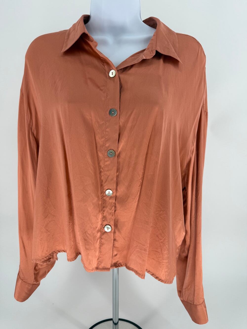 Joie Womens L 100% Silk Blouse Burnt Orange Button Down Relaxed Cropped Top
